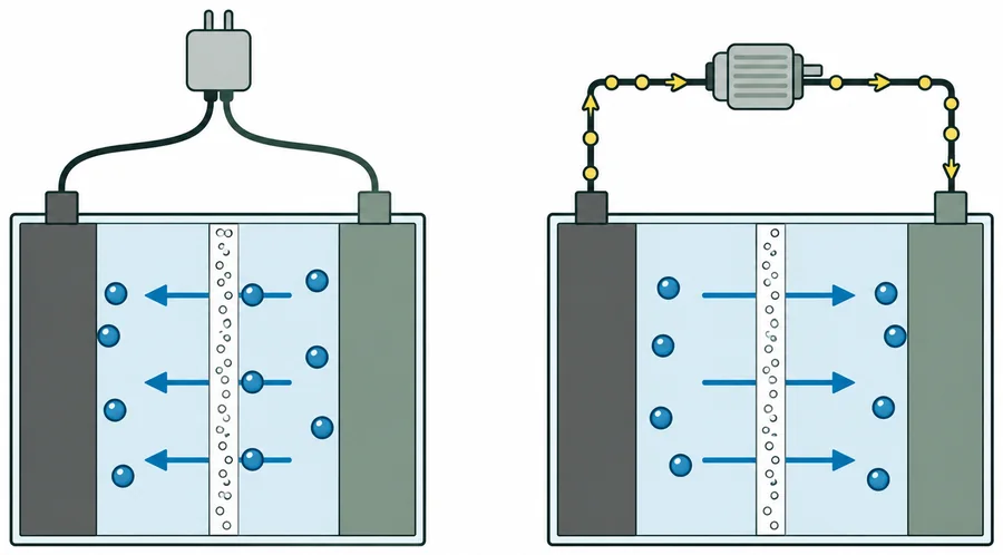 Två genomskurna battericeller. Till vänster laddas cellen och litiumjoner flyttar från höger sida till vänster. Till höger driver cellen en motor: jonerna flyttar tillbaka, och elektroner går genom en ledning och motorn utanför cellen.